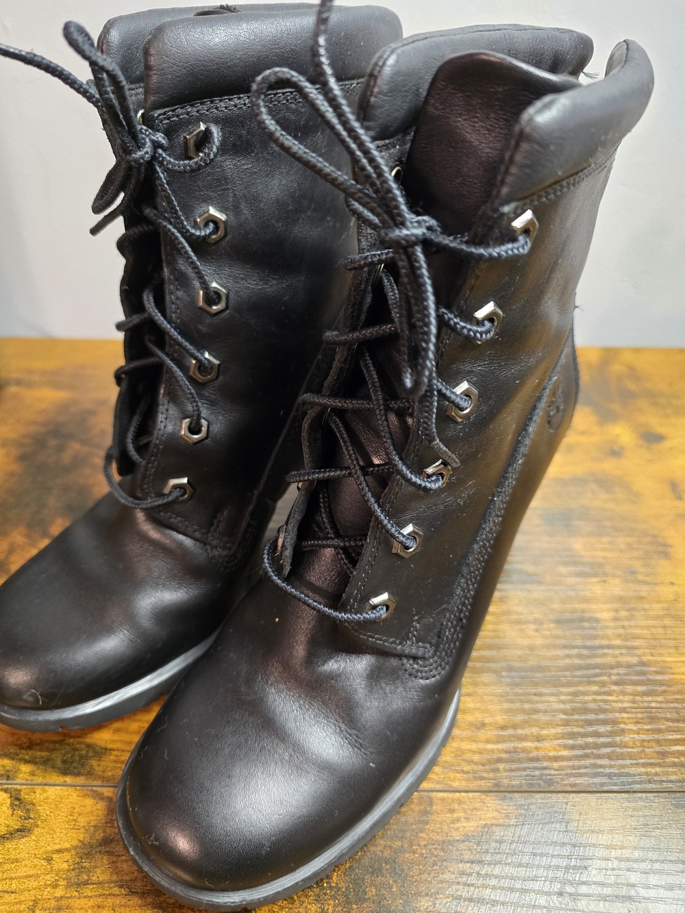 Timberland Glancy Womens Size 6.5M Black Leather Heeled Lace Up Boots 8335B